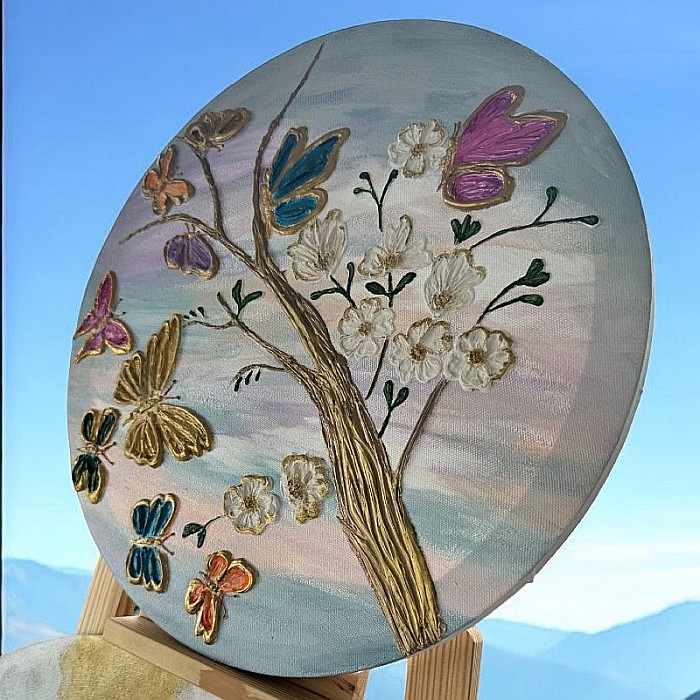 Tablou unicat pictat manual 'Fluturi in Copacul Inflorit', pe canvas- 40 cm [7]