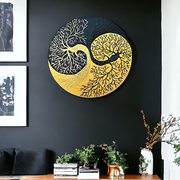 Tablou Yin si Yang Copacul Vietii negru-auriu, realizat pe suport de lemn de 30 cm [4]