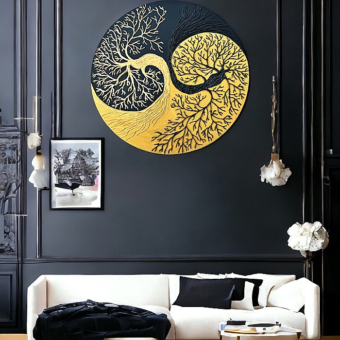 Tablou Yin si Yang Copacul Vietii negru-auriu, realizat pe suport de lemn de 30 cm [5]