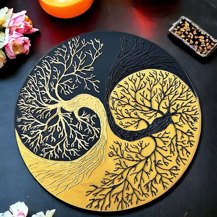 Tablou Yin si Yang Copacul Vietii negru-auriu, realizat pe suport de lemn de 30 cm [6]