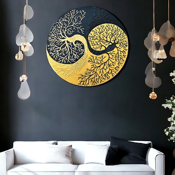 Tablou Yin si Yang Copacul Vietii negru-auriu, realizat pe suport de lemn de 30 cm [3]