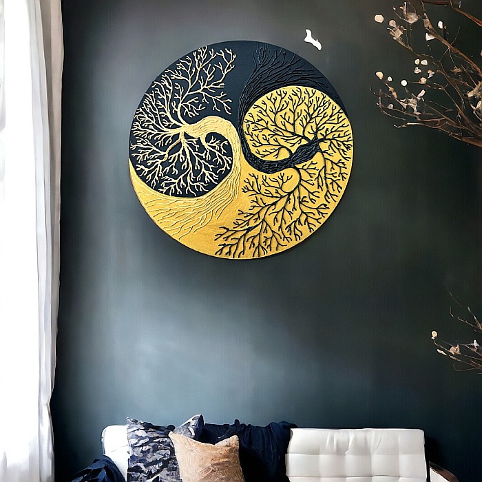 Tablou Yin si Yang Copacul Vietii negru-auriu, realizat pe suport de lemn de 30 cm [1]
