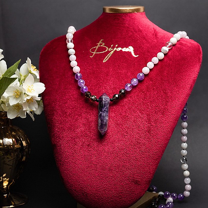 Tanay, Colier Mala 108 cu varf dublu de Ametist si margele de Kunzit, Smoky Quartz si Cuart transparent [9]