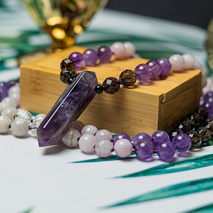 Tanay, Colier Mala 108 cu varf dublu de Ametist si margele de Kunzit, Smoky Quartz si Cuart transparent [1]