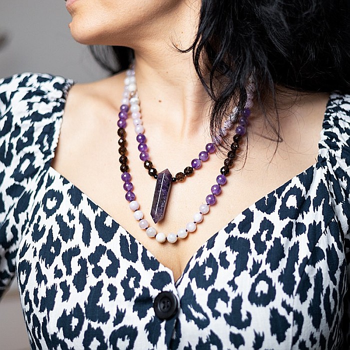 Tanay, Colier Mala 108 cu varf dublu de Ametist si margele de Kunzit, Smoky Quartz si Cuart transparent [10]