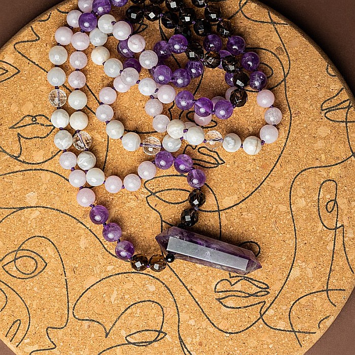 Tanay, Colier Mala 108 cu varf dublu de Ametist si margele de Kunzit, Smoky Quartz si Cuart transparent [7]