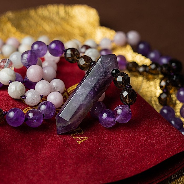 Tanay, Colier Mala 108 cu varf dublu de Ametist si margele de Kunzit, Smoky Quartz si Cuart transparent [3]