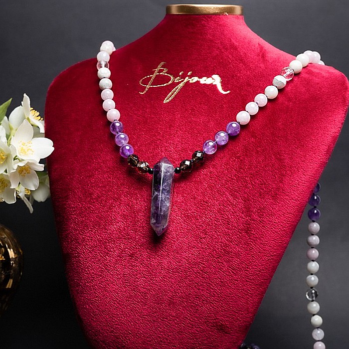 Tanay, Colier Mala 108 cu varf dublu de Ametist si margele de Kunzit, Smoky Quartz si Cuart transparent [4]