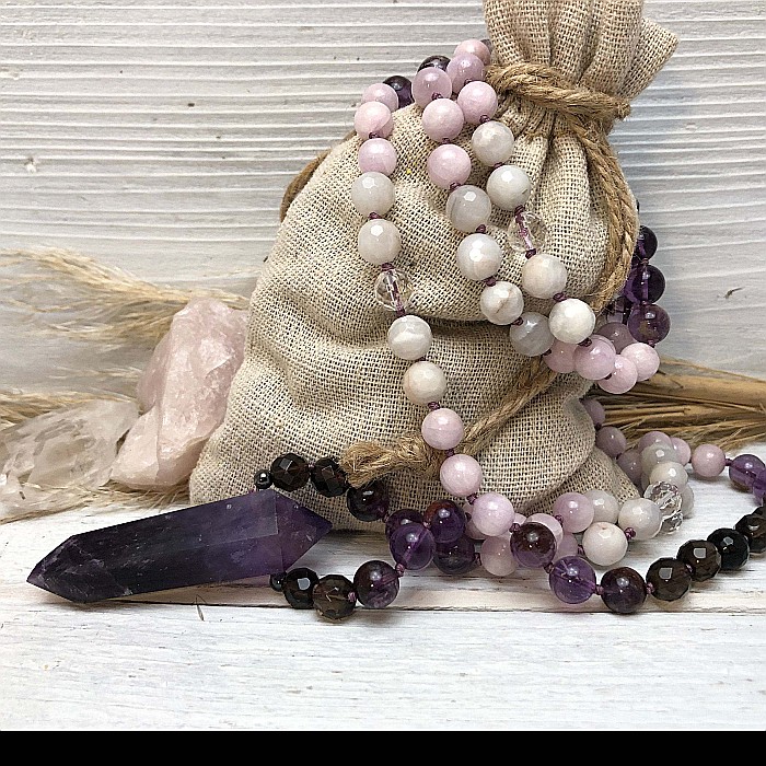 Tanay, Colier Mala 108 cu varf dublu de Ametist si margele de Kunzit, Smoky Quartz si Cuart transparent [6]