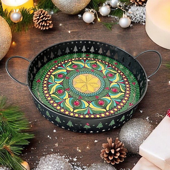 Tava decorativa Craciun pictata manual cu model mandala, 25 cm [2]