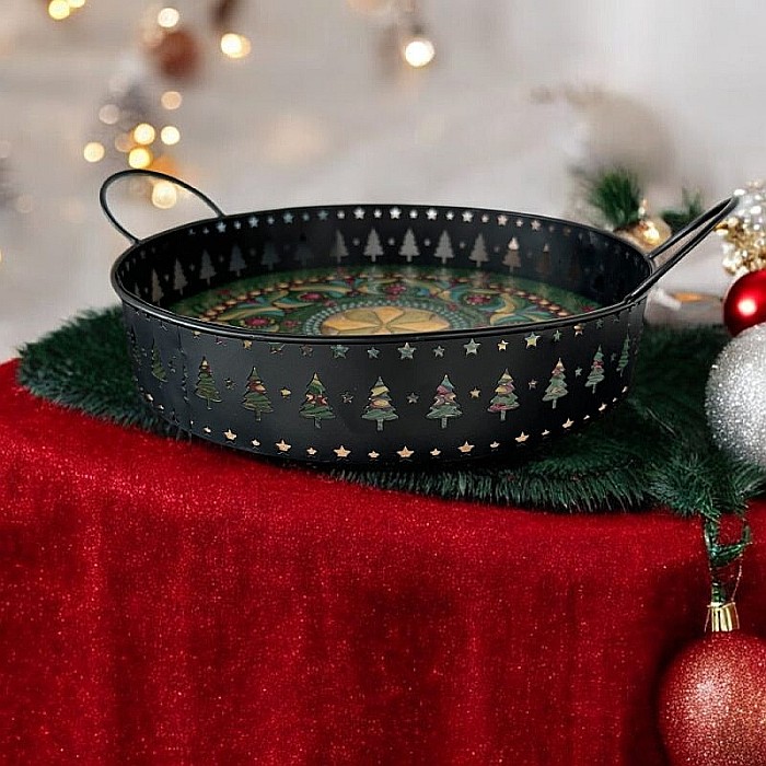 Tava decorativa Craciun pictata manual cu model mandala, 25 cm [4]