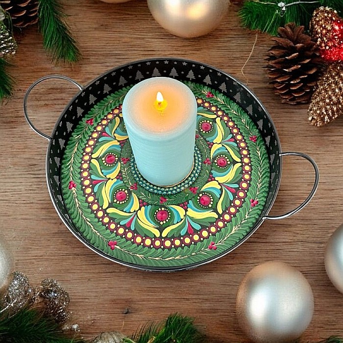 Tava decorativa Craciun pictata manual cu model mandala, 25 cm [1]