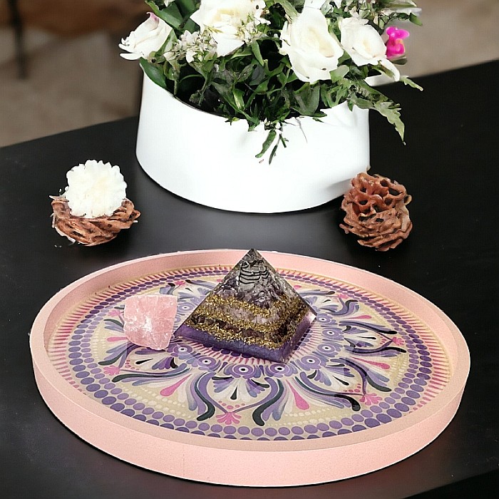 Tava decorativa pictata manual in model mandala cu strat protector de rasina [4]