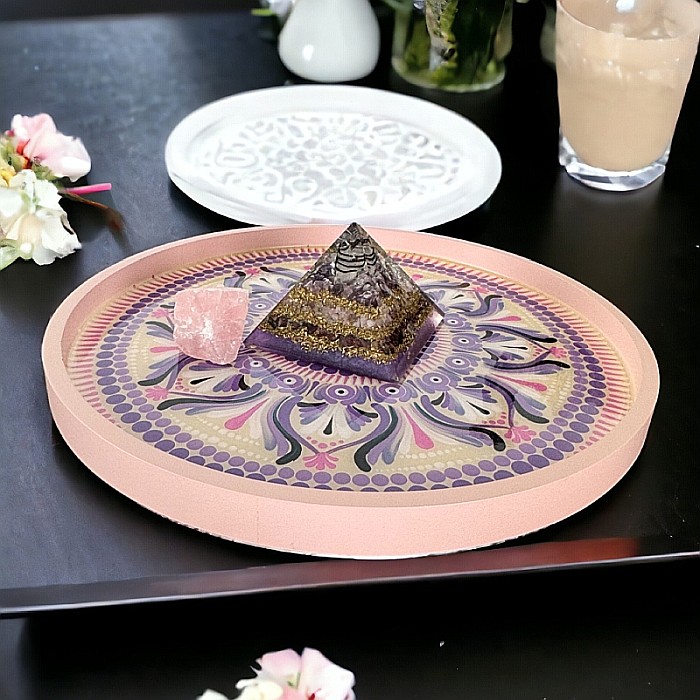 Tava decorativa pictata manual in model mandala cu strat protector de rasina [3]