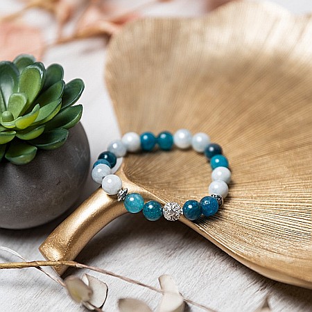 Anabela, bratara pietre semipretioase din Angelit Electroplate si Apatit Albastru, sfere de 8 mm