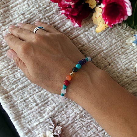 Bratara 7 Chakre Olea cu snur din cristale naturale Cuart Roz de Madagascar 6mm [9]