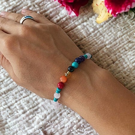 Bratara 7 Chakre Olea cu snur din cristale naturale Cuart Roz de Madagascar 6mm [8]