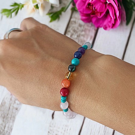 Bijuterii Turcoaz - Bratara 7 Chakre Olea cu snur din cristale naturale Cuart Roz de Madagascar 6mm