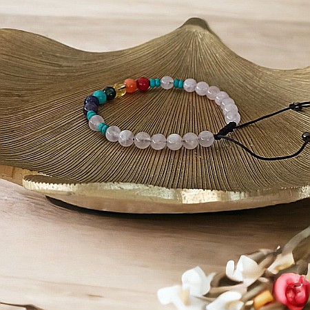 Bratara 7 Chakre Olea cu snur din cristale naturale Cuart Roz de Madagascar 6mm [4]