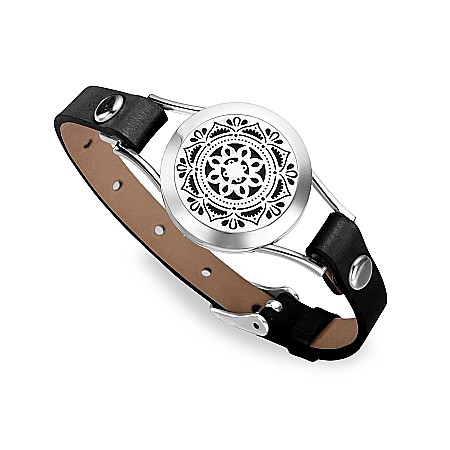 Bratara aromaterapie pentru uleiuri esentiale - Bratara Aromaterapie, Curea din Piele Ecologica, Neagra, Simpla, cu Model Mandala