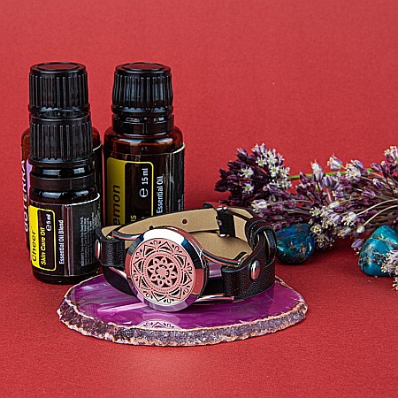 Bratara Aromaterapie, Curea din Piele Ecologica, Neagra, Dubla, cu Model Mandala [3]