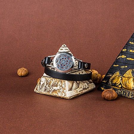 Bratara Aromaterapie, Curea din Piele Ecologica, Neagra, Dubla, cu Model Mandala [5]