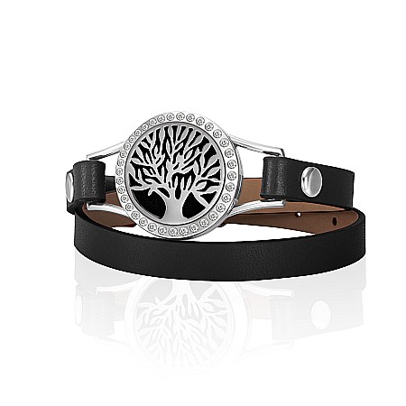 Bratara aromaterapie pentru uleiuri esentiale - Bratara Aromaterapie, Curea din Piele Ecologica, Neagra, Dubla, cu Model Tree of Life Zircon