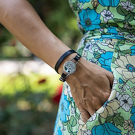 Bratara Aromaterapie, Curea din Piele Ecologica, Neagra, Dubla, cu Model Tree of Life Zircon [1]