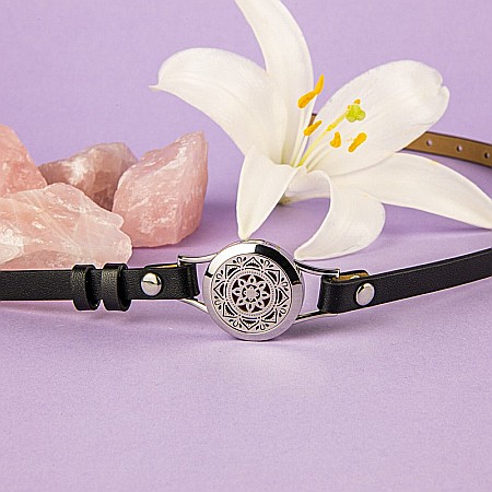 Bratara Aromaterapie, Curea din Piele Ecologica, Neagra, Dubla, cu Model Mandala [4]