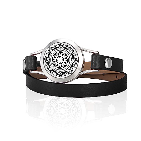 Bratara aromaterapie pentru uleiuri esentiale - Bratara Aromaterapie, Curea din Piele Ecologica, Neagra, Dubla, cu Model Mandala