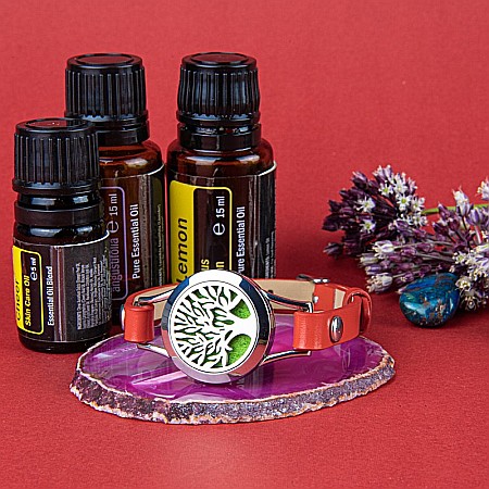 Bratara Aromaterapie, Curea din Piele Ecologica, Rosie, Simpla, cu Model Tree of Life [5]