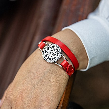 Bratara Aromaterapie, Curea din Piele Ecologica, Rosie, Dubla, cu Model Mandala Flower cu Zircon [1]
