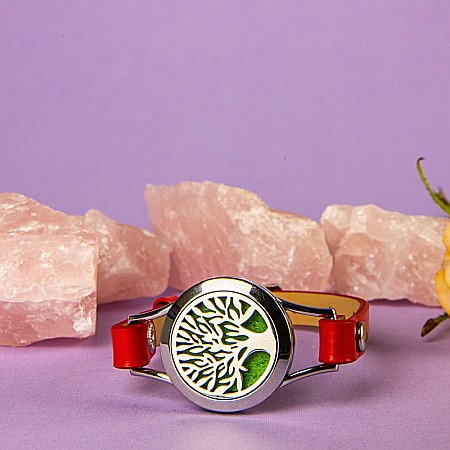 Bratara Aromaterapie, Curea din Piele Ecologica, Rosie, Simpla, cu Model Tree of Life [7]