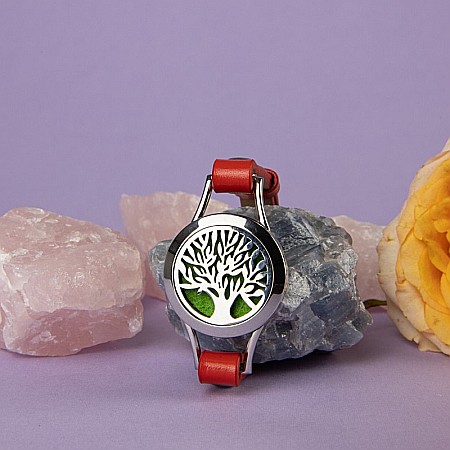 Bratara Aromaterapie, Curea din Piele Ecologica, Rosie, Simpla, cu Model Tree of Life [3]
