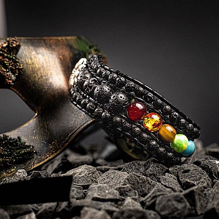 Bijuterii Ochi Tigru - Bratara aromaterapie, difuzor uleiuri esentiale ”ARIADNE” 3 straturi din Pietre de Lava, 7 Chakre si Piele Vintage