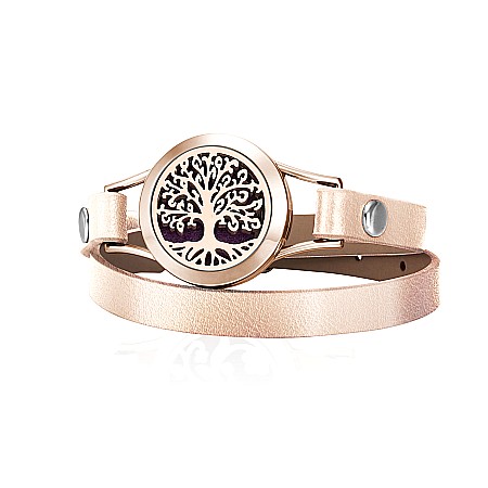 Bratara aromaterapie pentru uleiuri esentiale - Bratara Aromaterapie Uleiuri Esentiale, Curea din Piele Ecologica, Aurie, Dubla, cu Medalion Copacul Vietii Rose Gold