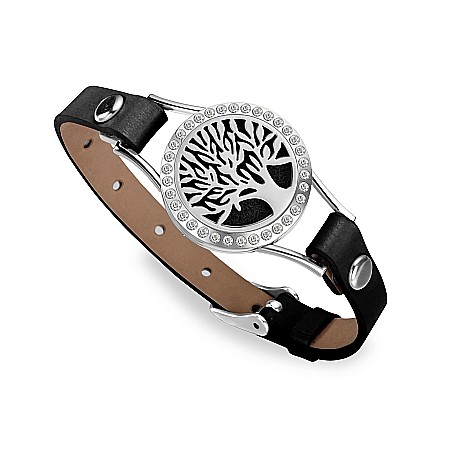 Bratara aromaterapie pentru uleiuri esentiale - Bratara Aromaterapie Uleiuri Esentiale, Curea din Piele Ecologica, Neagra, Simpla, cu Model Tree of Life cu Zircon