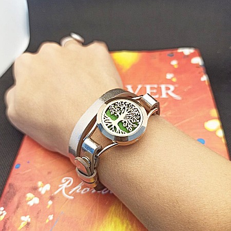 Bratara Aromaterapie Uleiuri Esentiale, Curea din Piele Ecologica, Aurie, Dubla, cu Medalion Copacul Vietii Rose Gold [3]