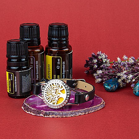 Bratara Aromaterapie Uleiuri Esentiale, Curea din Piele Ecologica, Neagra, Simpla, cu Model Tree of Life cu Zircon [6]