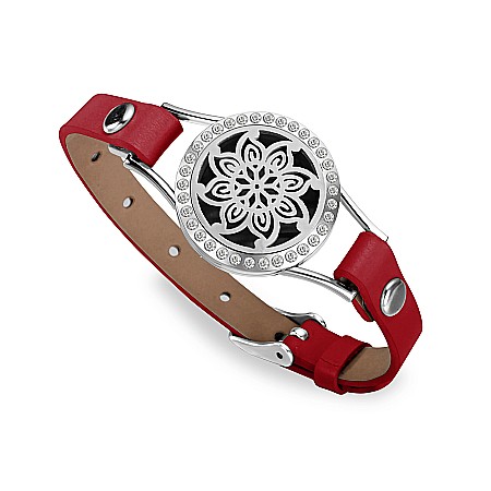 Bratara aromaterapie pentru uleiuri esentiale - Bratara Aromaterapie Uleiuri Esentiale, Curea din Piele Ecologica, Rosie, Simpla, cu Model Mandala Flower cu Zircon