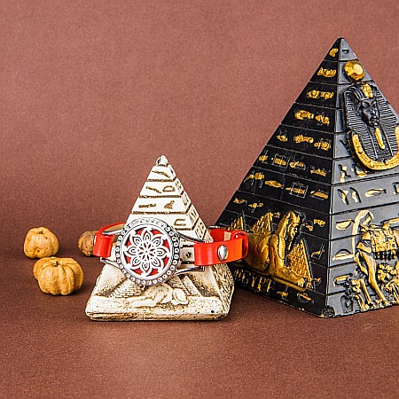 Bratara Aromaterapie Uleiuri Esentiale, Curea din Piele Ecologica, Rosie, Simpla, cu Model Mandala Flower cu Zircon [6]