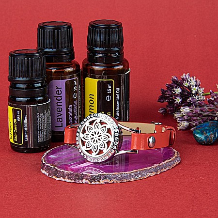 Bratara Aromaterapie Uleiuri Esentiale, Curea din Piele Ecologica, Rosie, Simpla, cu Model Mandala Flower cu Zircon [7]