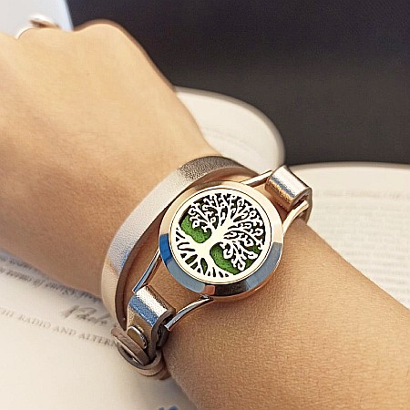 Bratara Aromaterapie Uleiuri Esentiale, Curea din Piele Ecologica, Aurie, Dubla, cu Medalion Copacul Vietii Rose Gold [1]