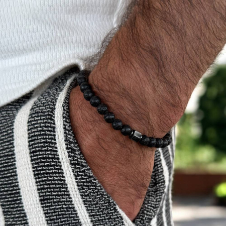 Bijuterii pietre semipretioase - Bratara barbati ajustabila pe snur Cian din pietre de lava cu charm inox