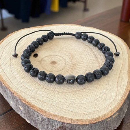 Bratara barbati ajustabila pe snur Cian din pietre de lava cu charm inox [2]