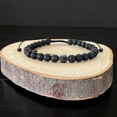 Bratara barbati ajustabila pe snur Cian din pietre de lava cu charm inox [1]