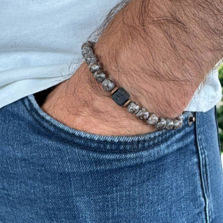 Bratari elastice barbati - Bratara barbati Alaric din obsidian maro Snow Flake cu Piatra de lava