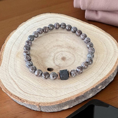 Bratara barbati Alaric din obsidian maro Snow Flake cu Piatra de lava [3]