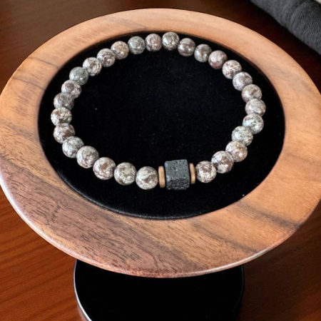 Bratara barbati Alaric din obsidian maro Snow Flake cu Piatra de lava [4]