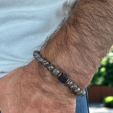 Bratara barbati Alaric din obsidian maro Snow Flake cu Piatra de lava [1]